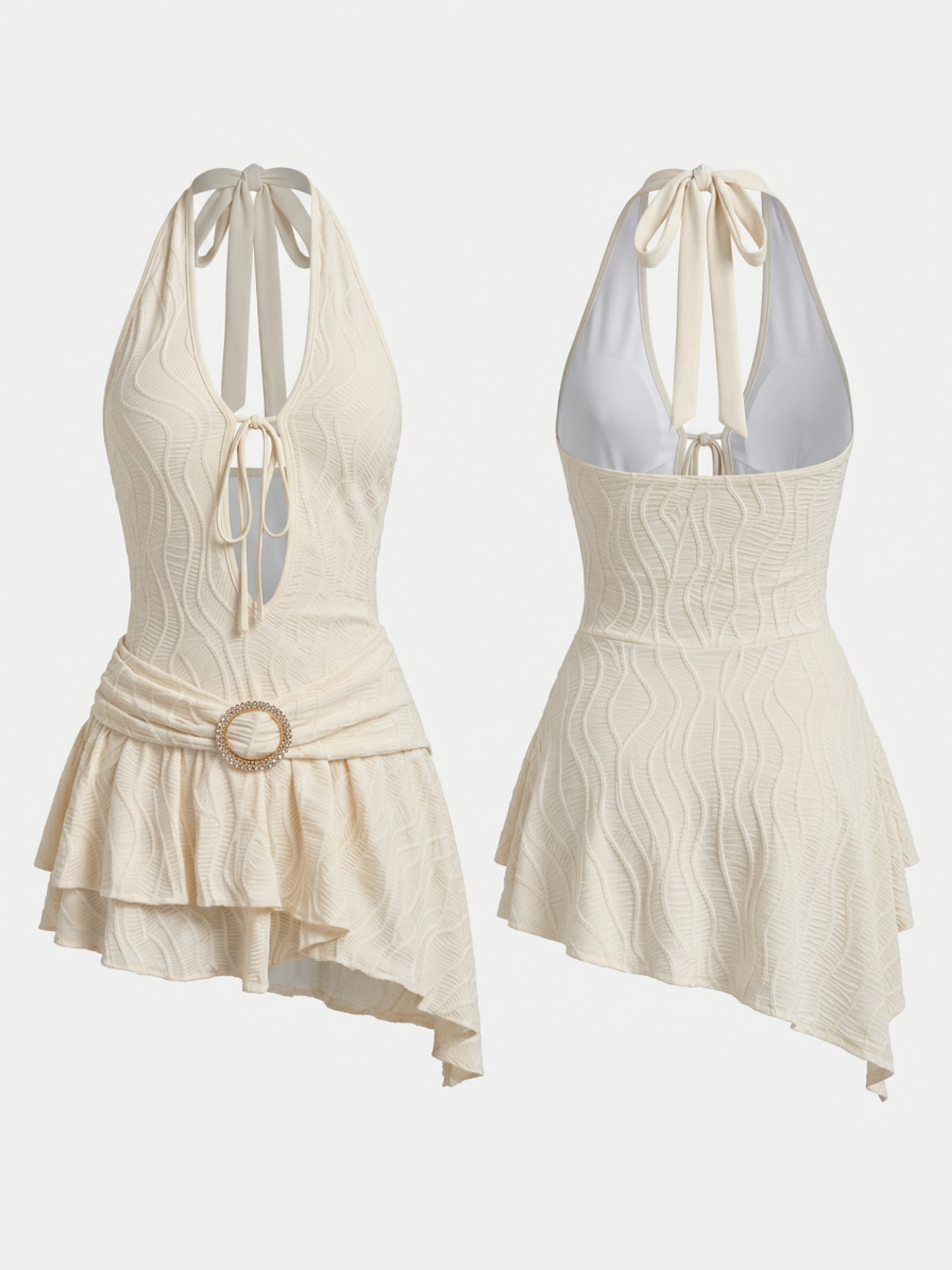 Deep V Halter Cutout Front Tie Pearl Buckle Irregular Hem Dress