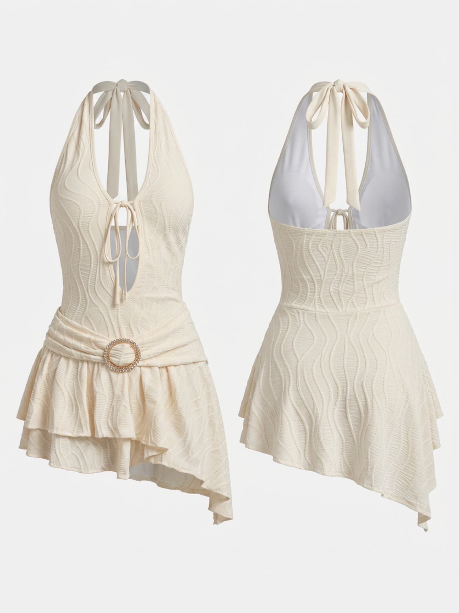 Deep V Halter Cutout Front Tie Pearl Buckle Irregular Hem Dress