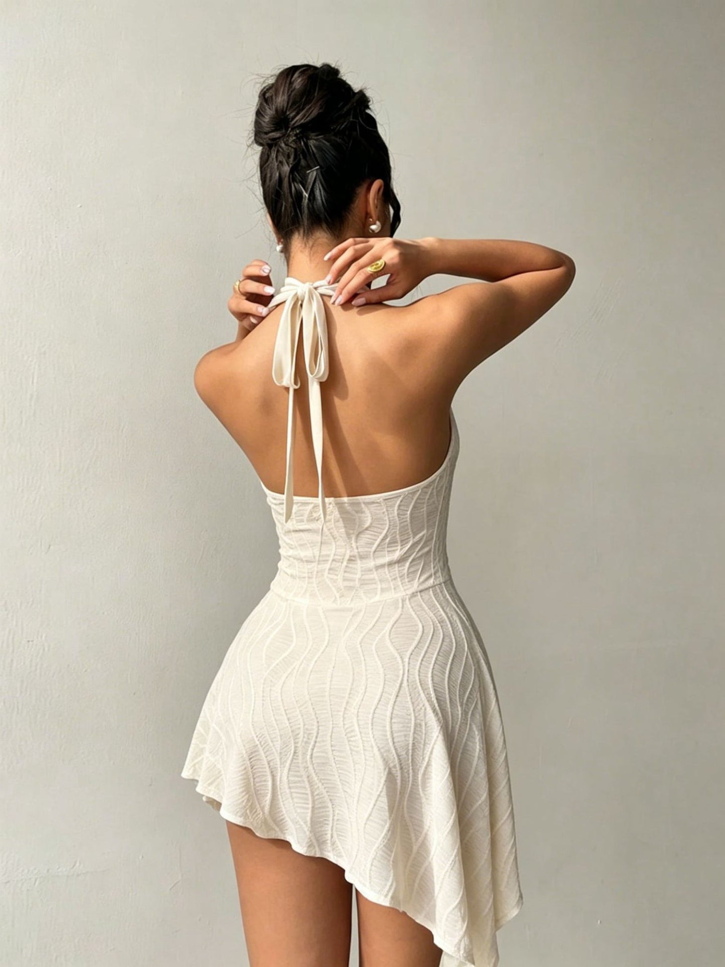 Deep V Halter Cutout Front Tie Pearl Buckle Irregular Hem Dress
