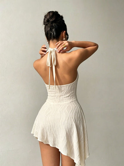 Deep V Halter Cutout Front Tie Pearl Buckle Irregular Hem Dress