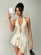 Deep V Halter Cutout Front Tie Pearl Buckle Irregular Hem Dress