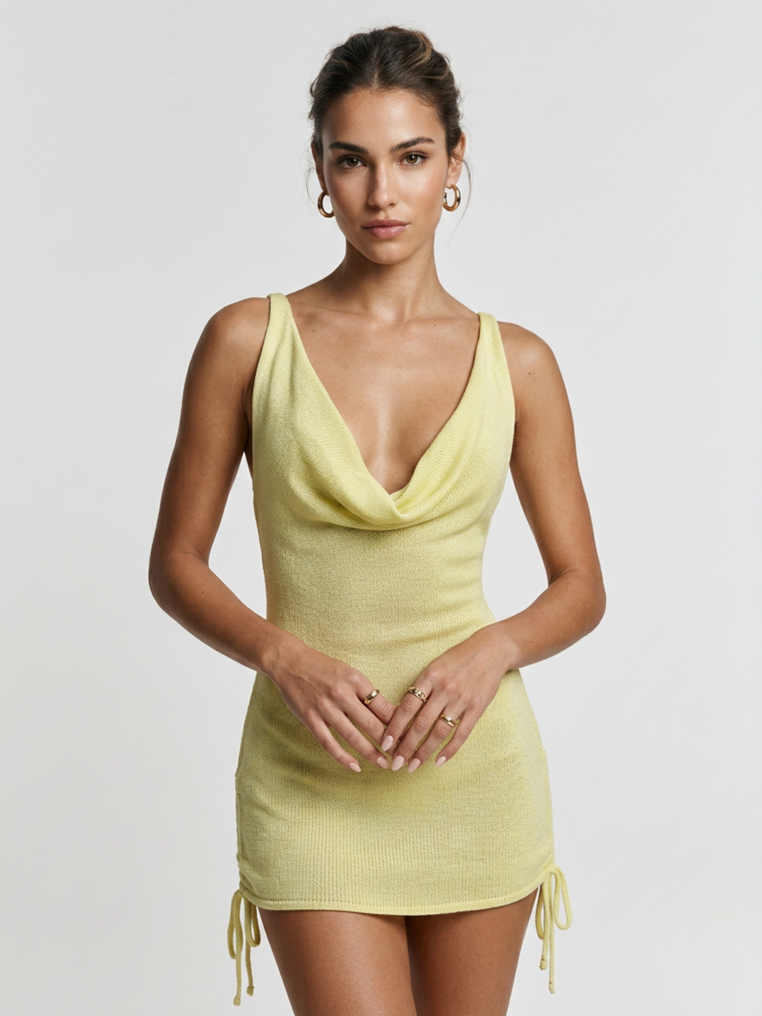 Light Yellow Knit Cowl Neck Drawstring Side Sling Mini Dress