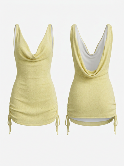 Light Yellow Knit Cowl Neck Drawstring Side Sling Mini Dress