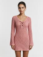 Pink Hollow Knit V Neck Bow Tie Long Sleeve Mini Dress