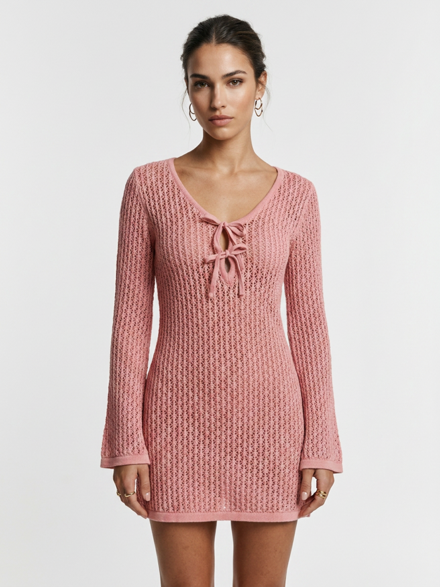 Pink Hollow Knit V Neck Bow Tie Long Sleeve Mini Dress