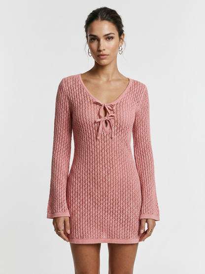 Pink Hollow Knit V Neck Bow Tie Long Sleeve Mini Dress