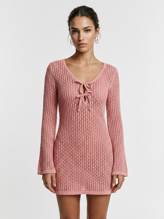 Pink Hollow Knit V Neck Bow Tie Long Sleeve Mini Dress