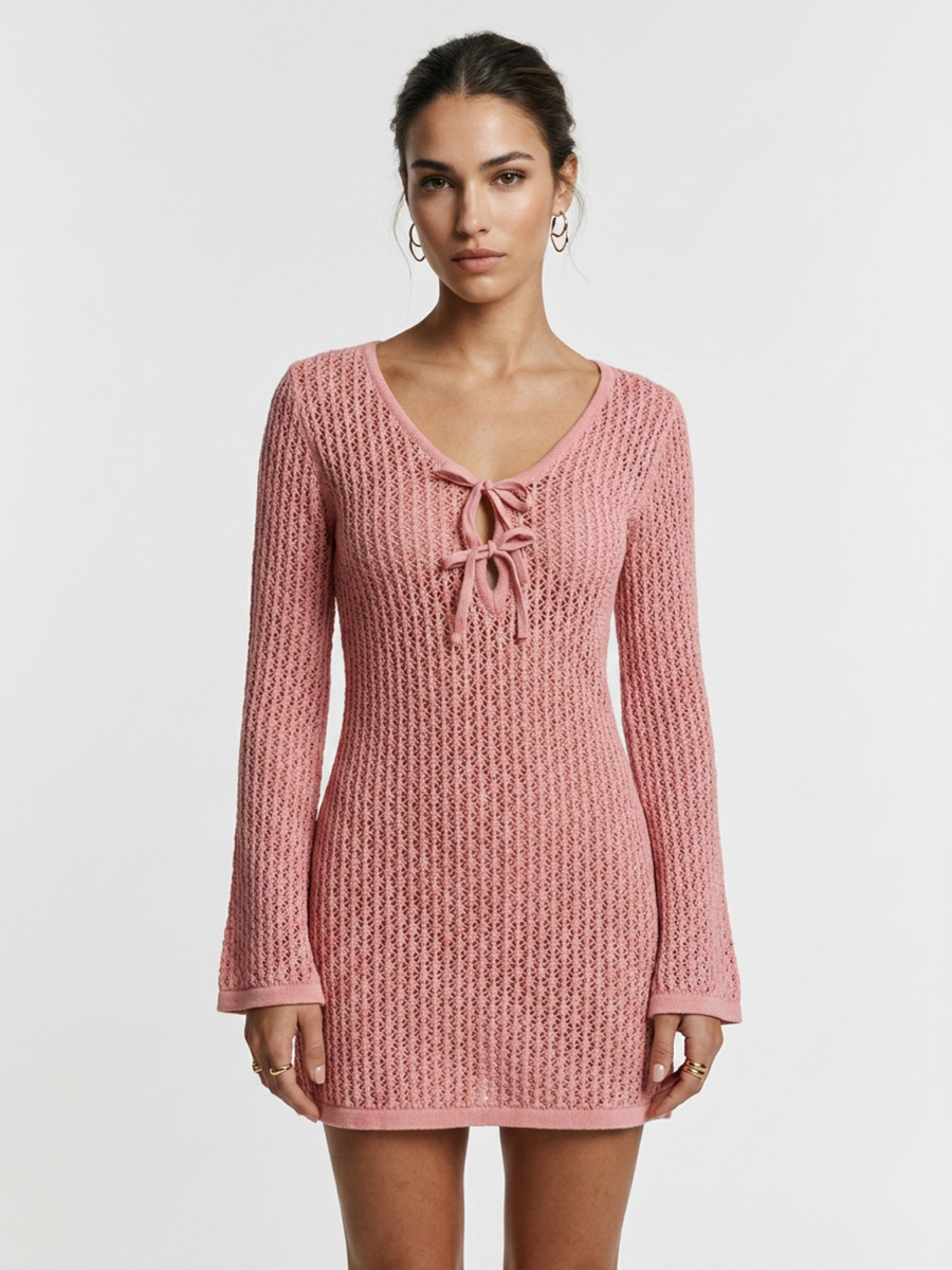 Pink Hollow Knit V Neck Bow Tie Long Sleeve Mini Dress