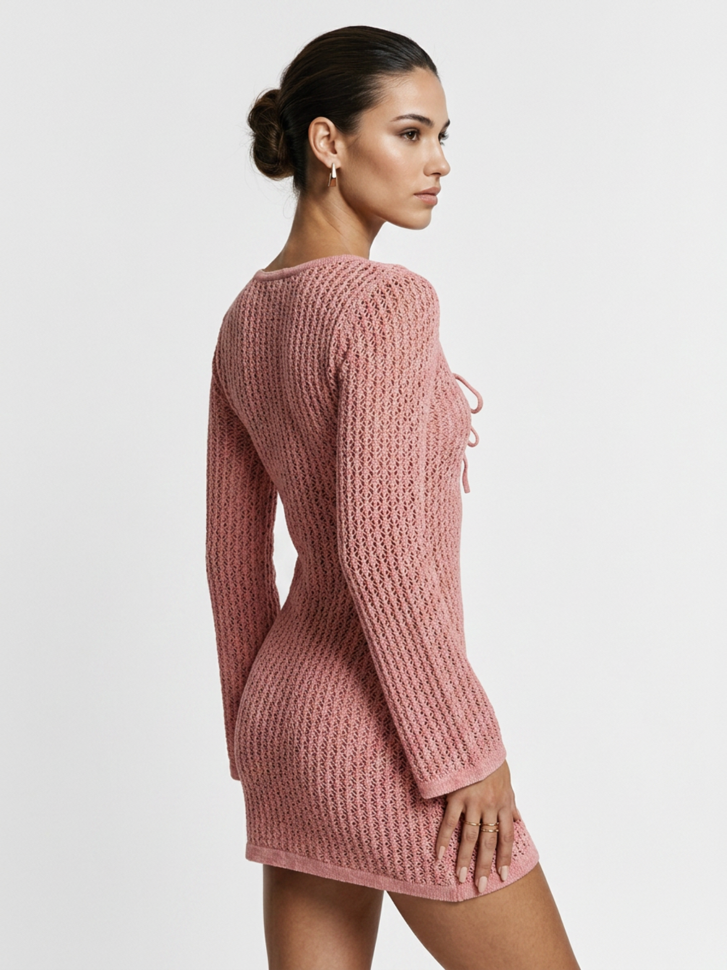 Pink Hollow Knit V Neck Bow Tie Long Sleeve Mini Dress