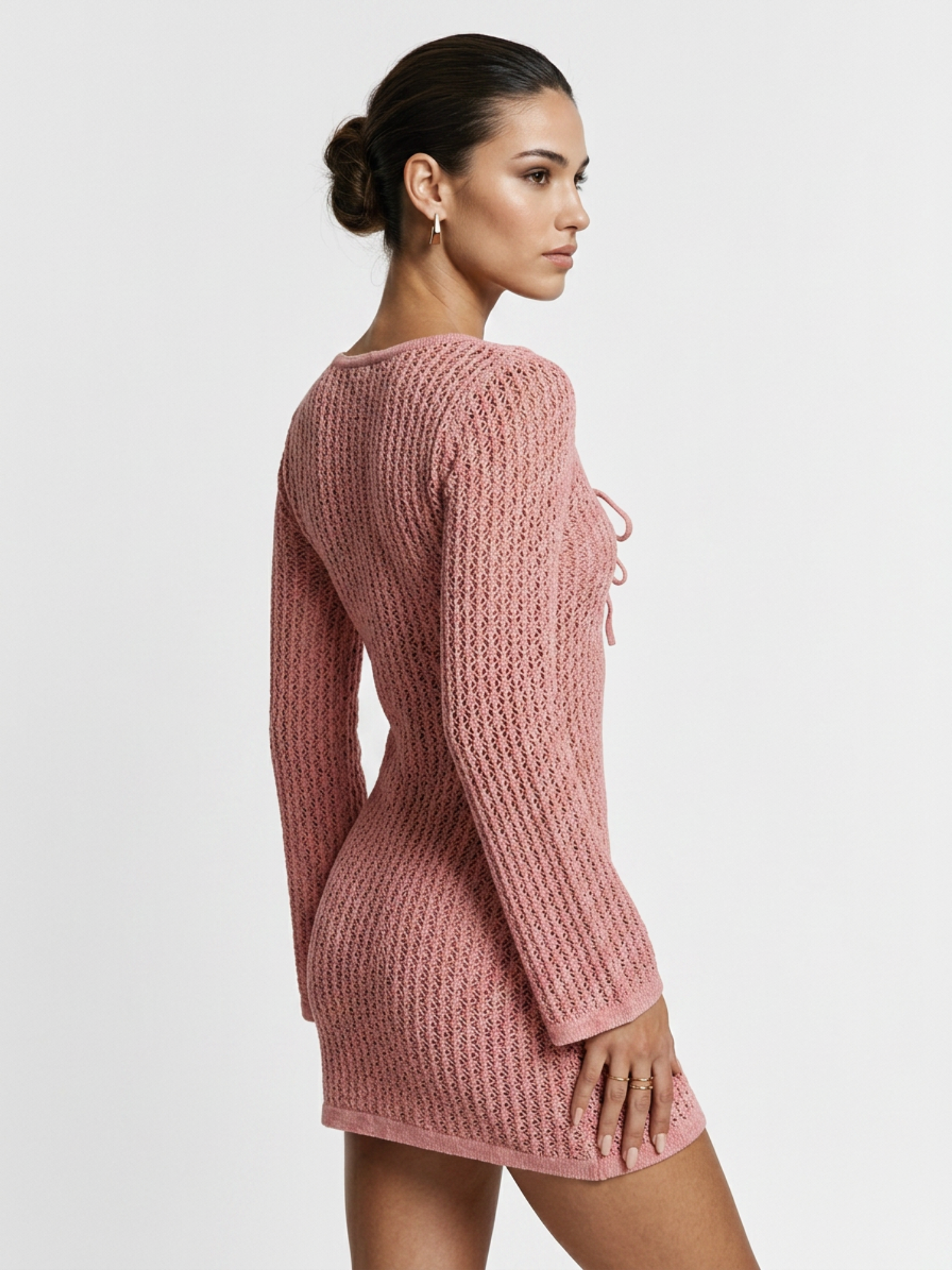 Pink Hollow Knit V Neck Bow Tie Long Sleeve Mini Dress