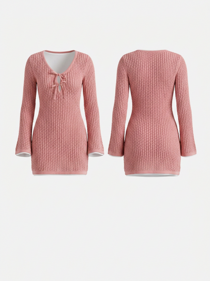 Pink Hollow Knit V Neck Bow Tie Long Sleeve Mini Dress