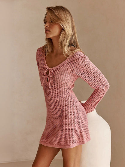 Pink Hollow Knit V Neck Bow Tie Long Sleeve Mini Dress