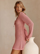Pink Hollow Knit V Neck Bow Tie Long Sleeve Mini Dress