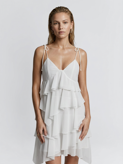 White Tiered Ruffle Tie Strap V Neck Irregular Cover Up Dress