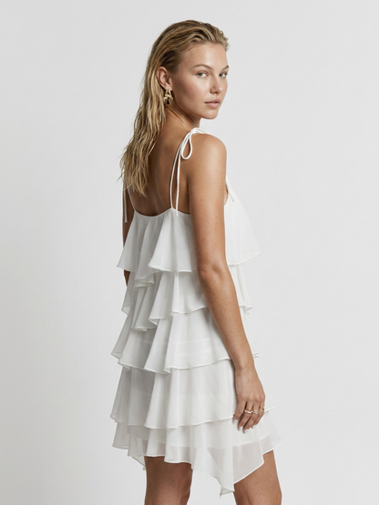 White Tiered Ruffle Tie Strap V Neck Irregular Cover Up Dress