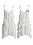 White Tiered Ruffle Tie Strap V Neck Irregular Cover Up Dress