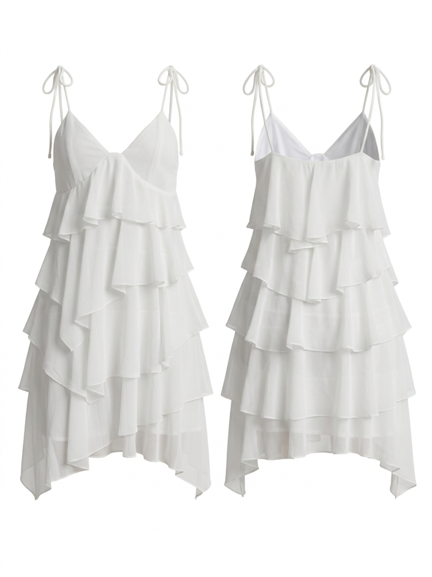 White Tiered Ruffle Tie Strap V Neck Irregular Cover Up Dress