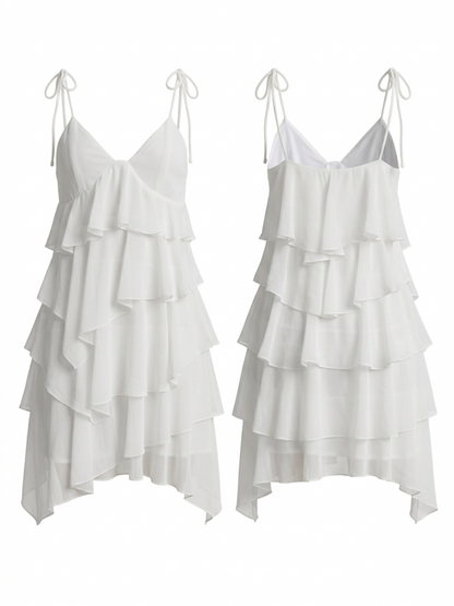 White Tiered Ruffle Tie Strap V Neck Irregular Cover Up Dress
