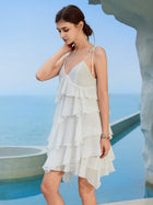 White Tiered Ruffle Tie Strap V Neck Irregular Cover Up Dress