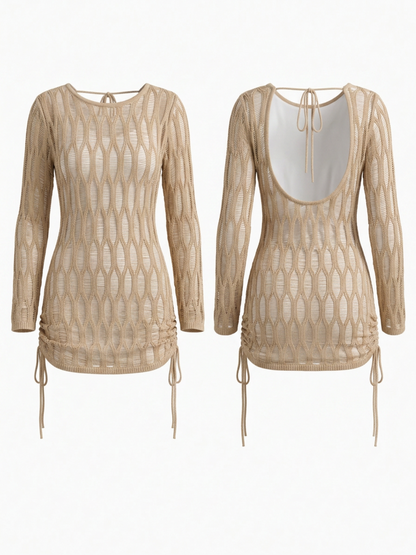 Khaki See Through Knit Back Cutout Tie Ruched Short Dress