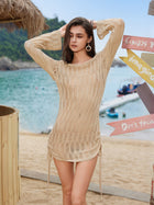 Khaki See Through Knit Back Cutout Tie Ruched Short Dress