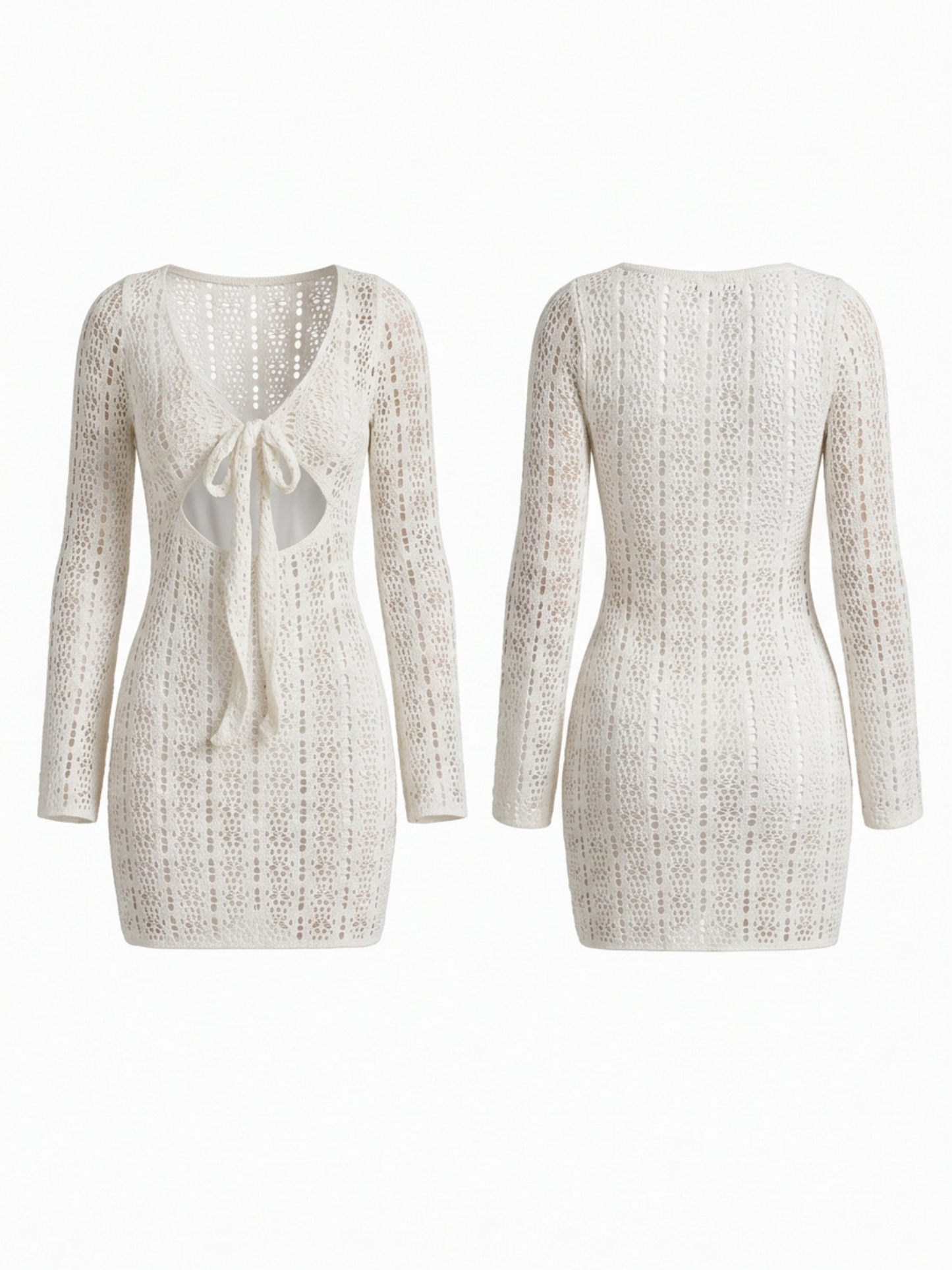 Boho Hollow Knit V Neck Tie Front Vacation Mini Dress