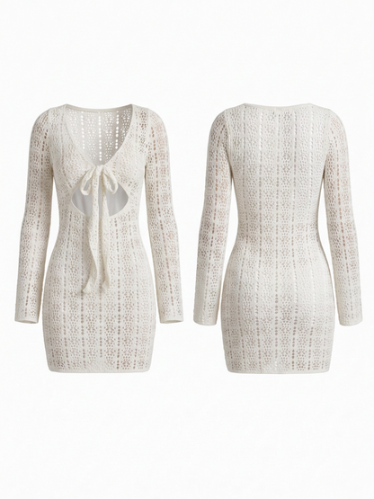 Boho Hollow Knit V Neck Tie Front Vacation Mini Dress