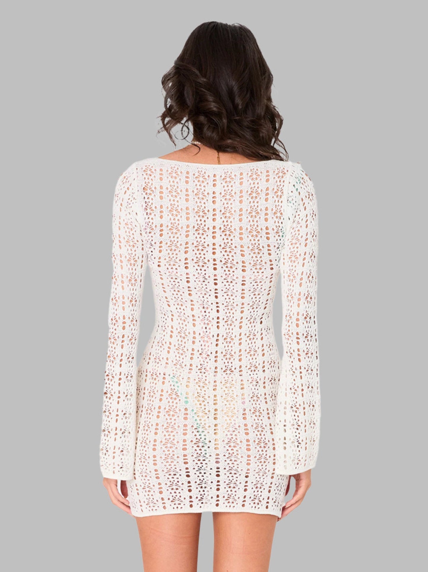 Boho Hollow Knit V Neck Tie Front Vacation Mini Dress