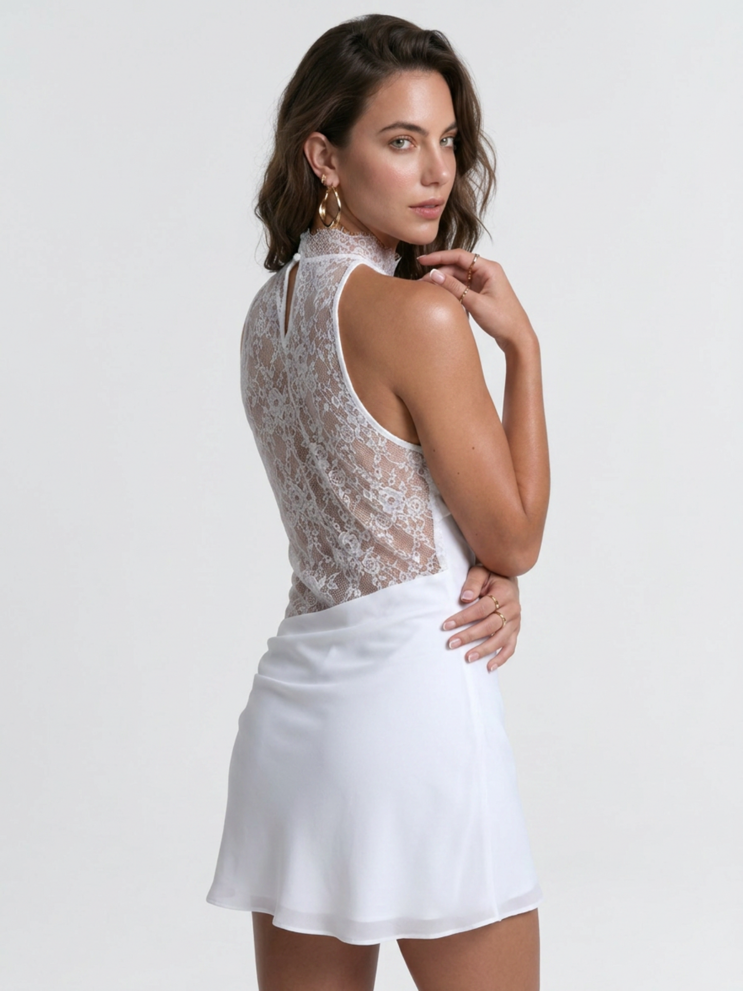 White Satin Halter Lace Cutout Ruched Bodycon Mini Dress