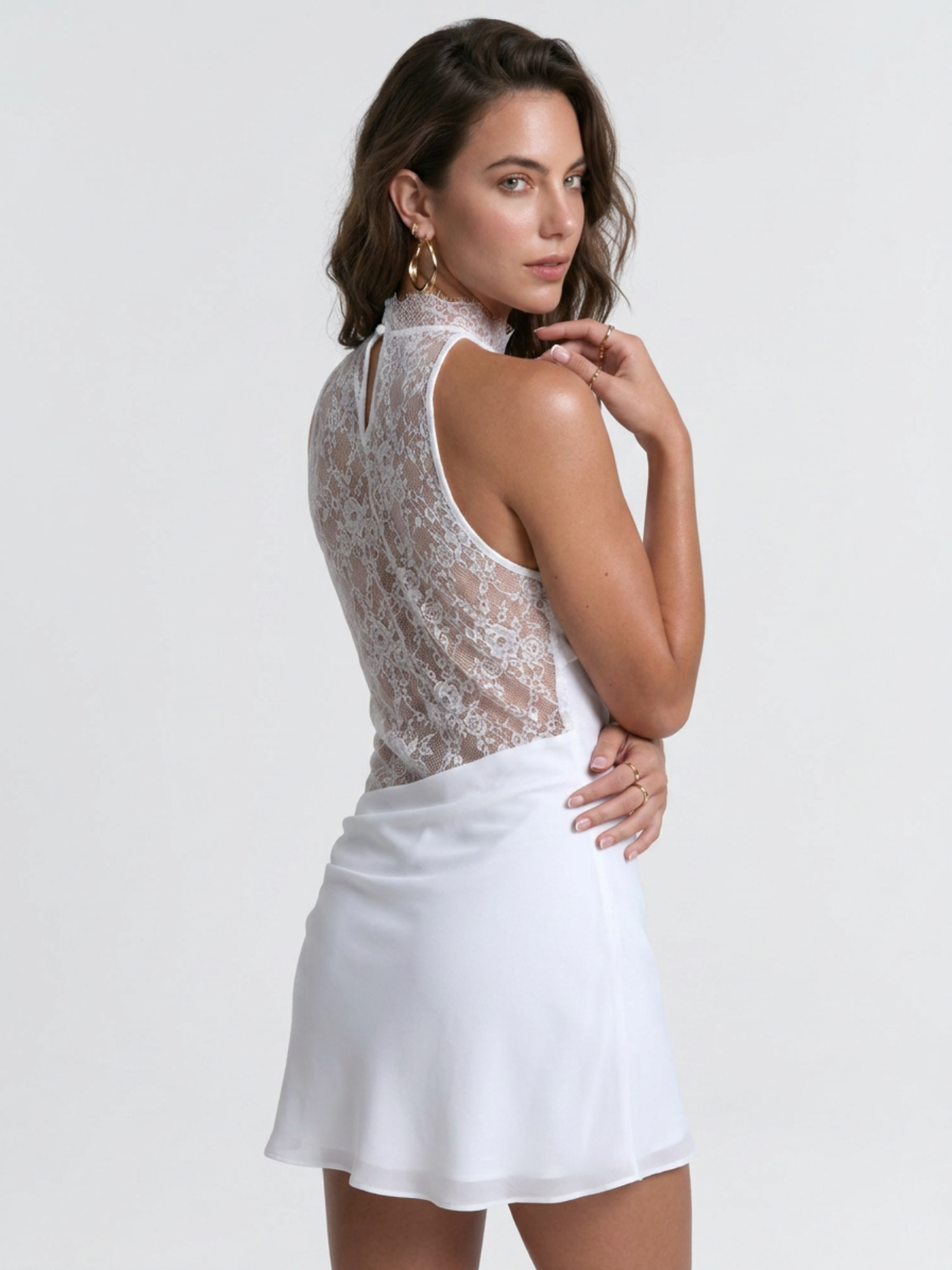 White Satin Halter Lace Cutout Ruched Bodycon Mini Dress