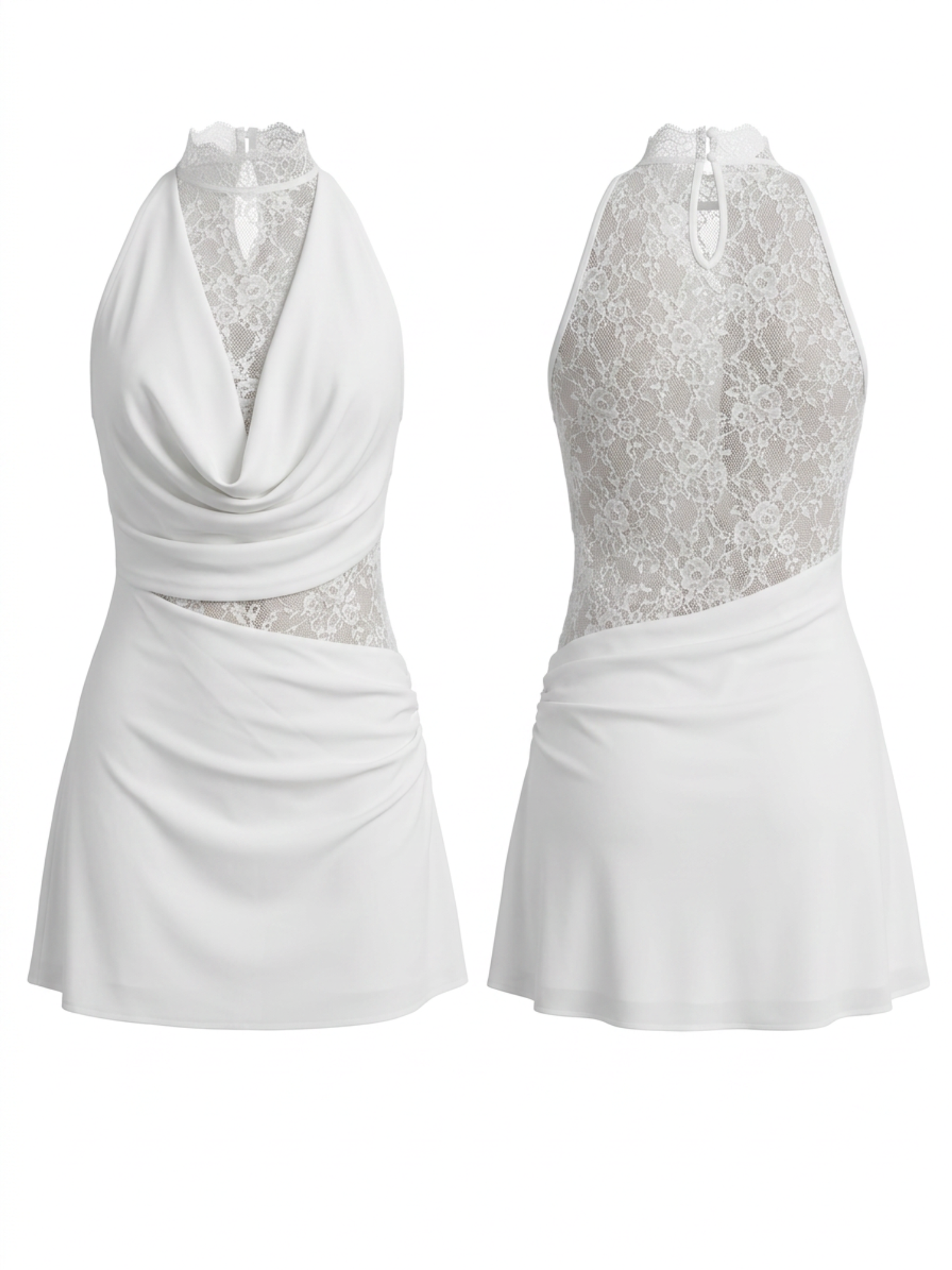 White Satin Halter Lace Cutout Ruched Bodycon Mini Dress