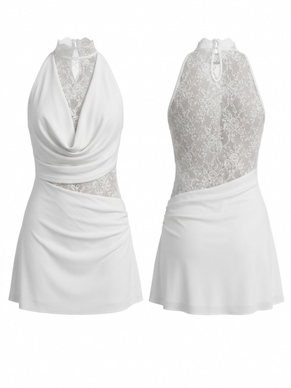 White Satin Halter Lace Cutout Ruched Bodycon Mini Dress
