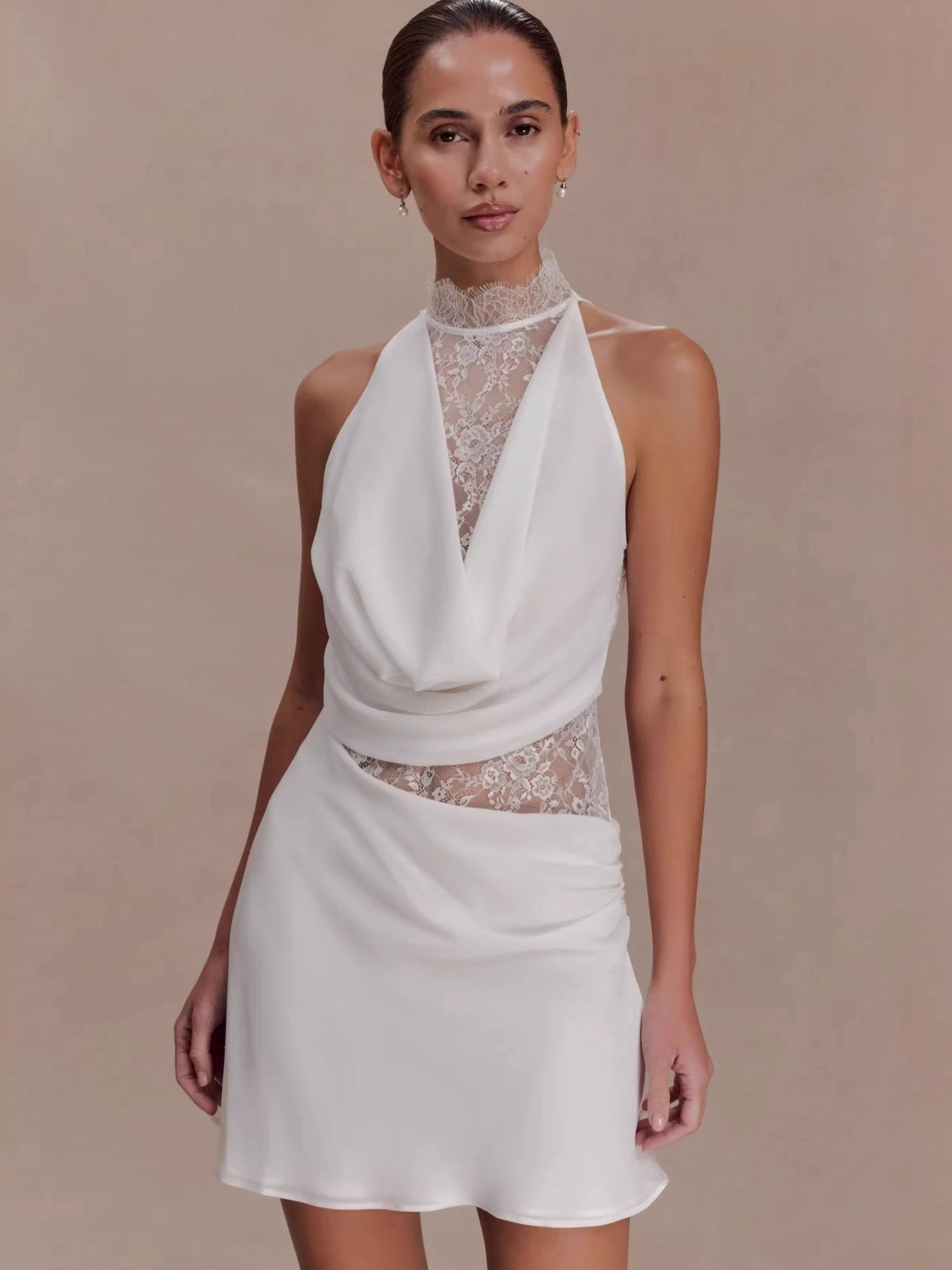 White Satin Halter Lace Cutout Ruched Bodycon Mini Dress