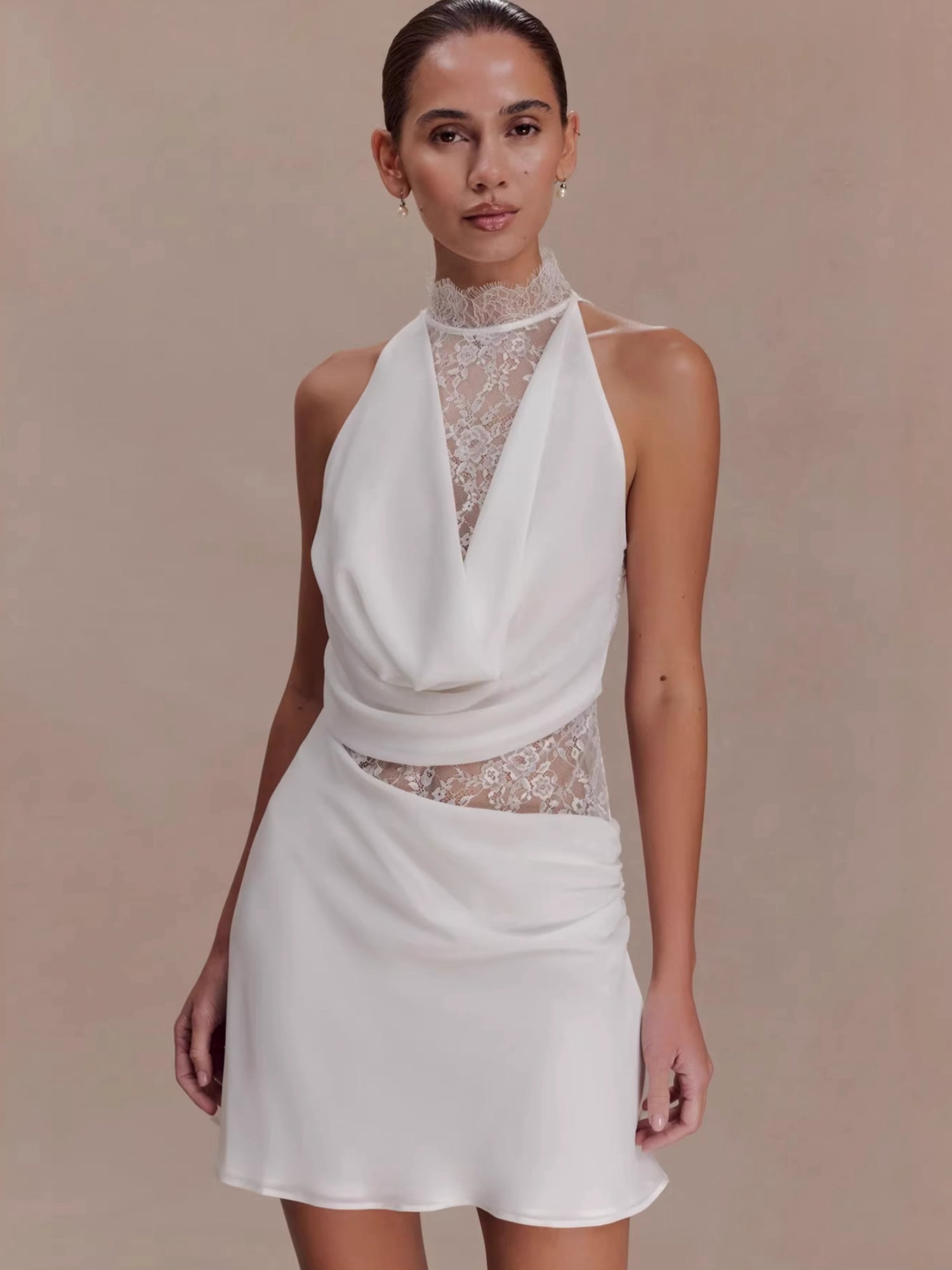 White Satin Halter Lace Cutout Ruched Bodycon Mini Dress
