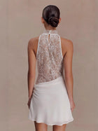 White Satin Halter Lace Cutout Ruched Bodycon Mini Dress