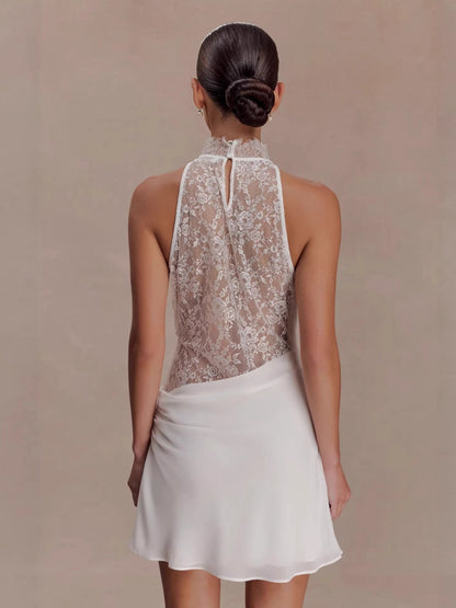 White Satin Halter Lace Cutout Ruched Bodycon Mini Dress