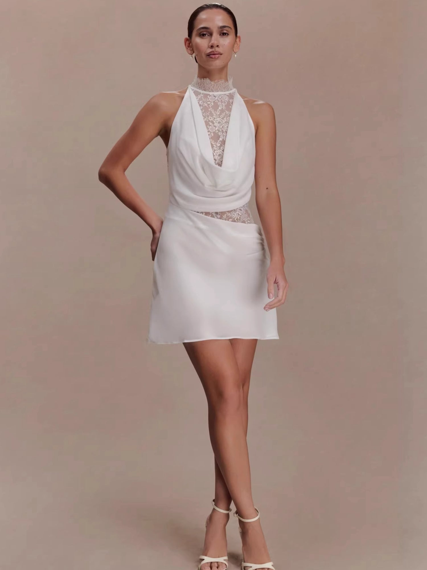 White Satin Halter Lace Cutout Ruched Bodycon Mini Dress