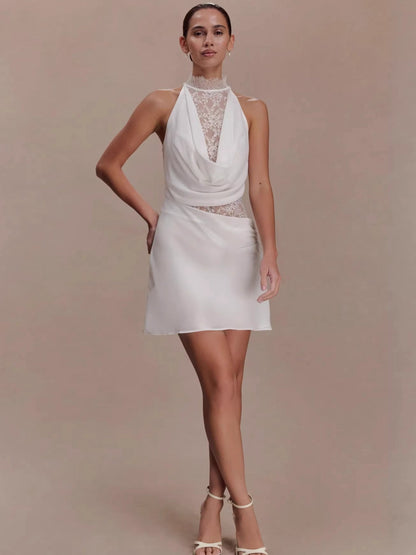 White Satin Halter Lace Cutout Ruched Bodycon Mini Dress