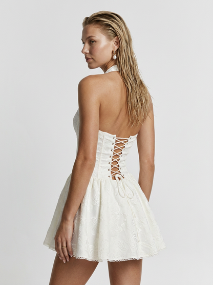 White Lace Halter Corset Bustier Flared Mini Dress
