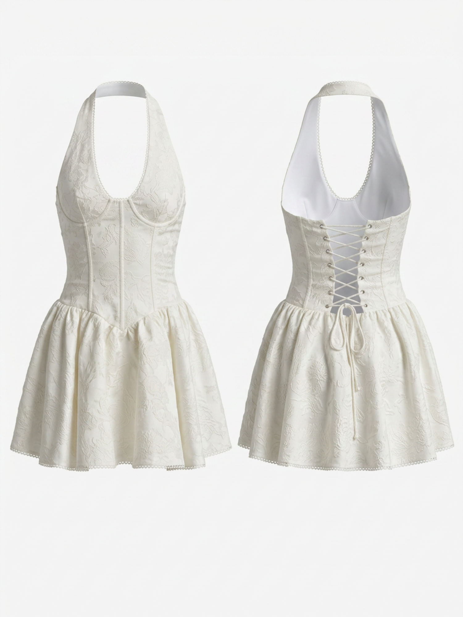 White Lace Halter Corset Bustier Flared Mini Dress