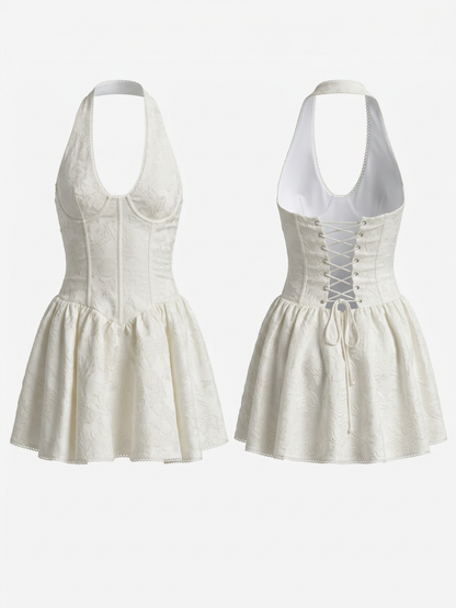 White Lace Halter Corset Bustier Flared Mini Dress