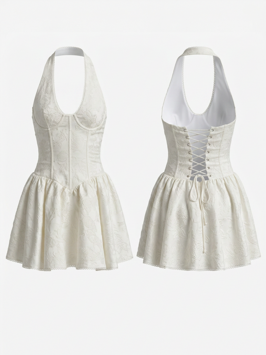 White Lace Halter Corset Bustier Flared Mini Dress
