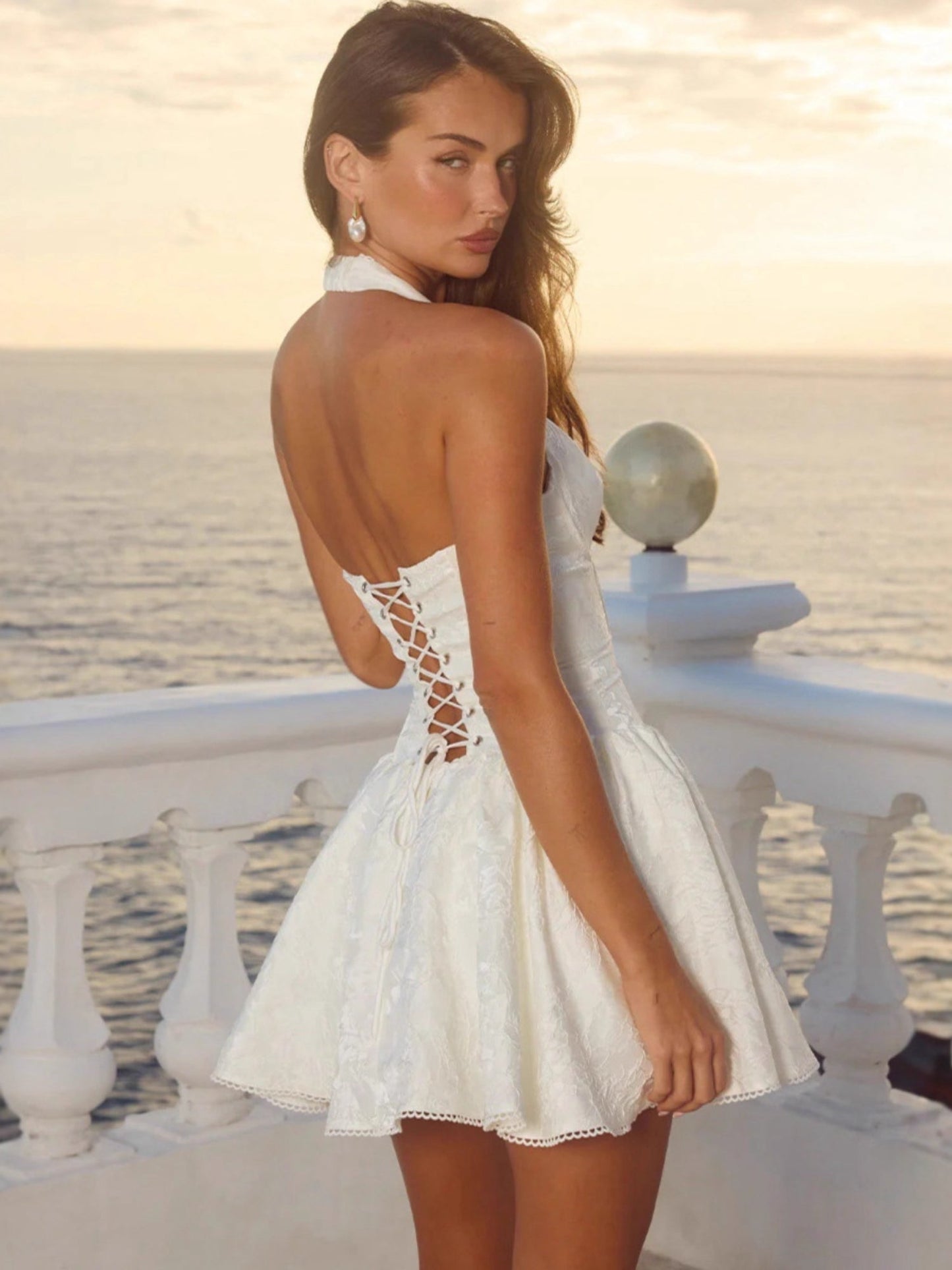 White Lace Halter Corset Bustier Flared Mini Dress