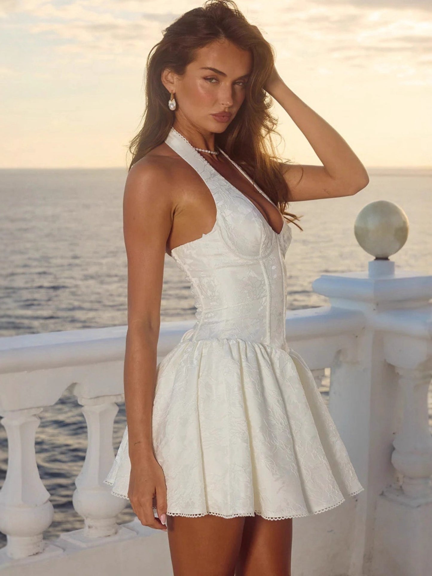 White Lace Halter Corset Bustier Flared Mini Dress