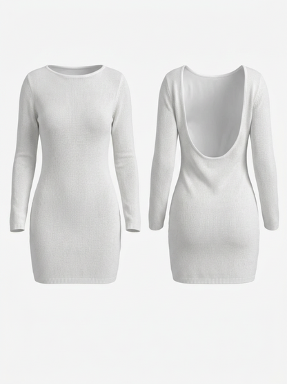 Boho See Through Knit U Back Long Sleeve Bodycon Dress
