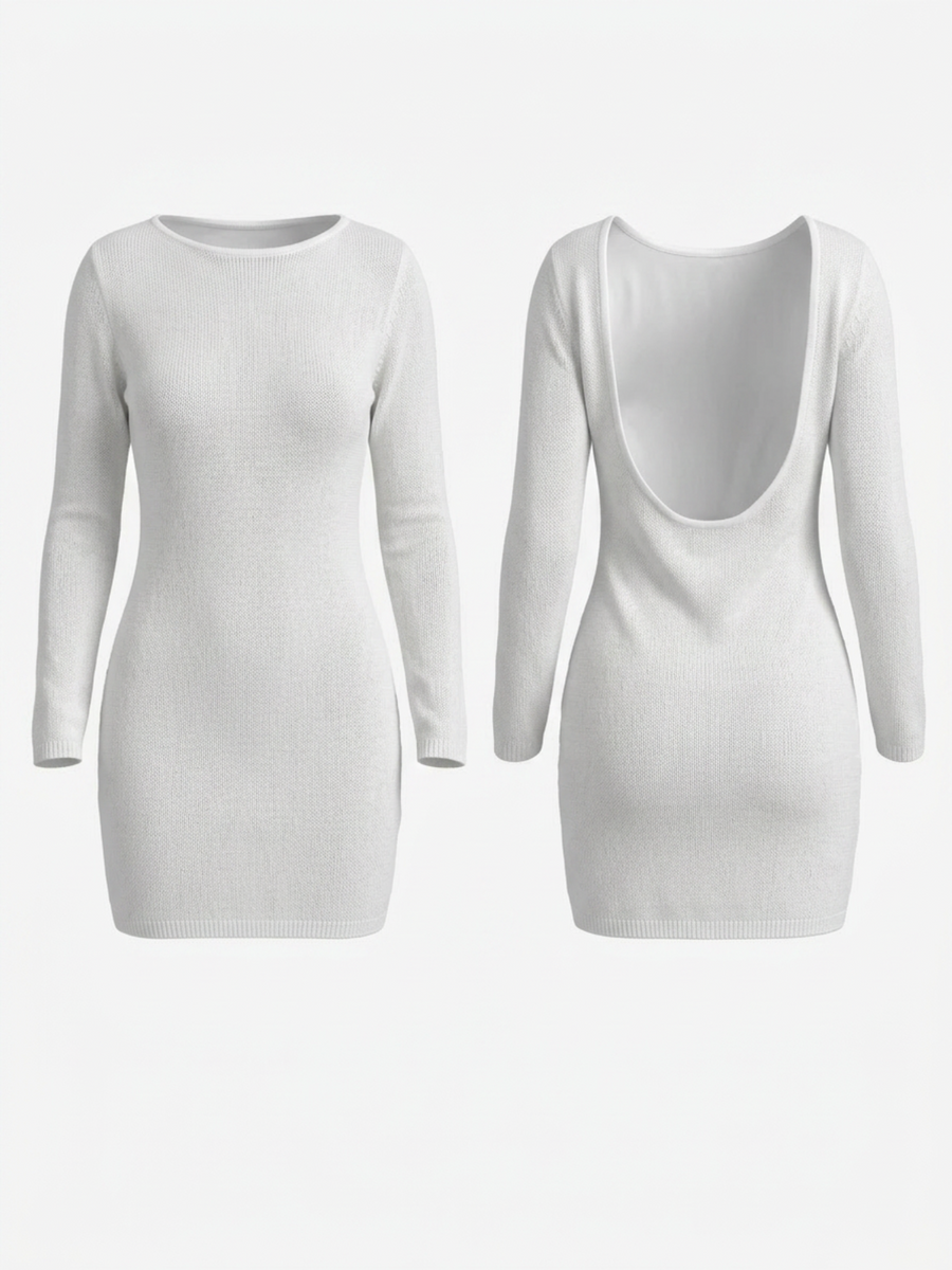 Boho See Through Knit U Back Long Sleeve Bodycon Dress