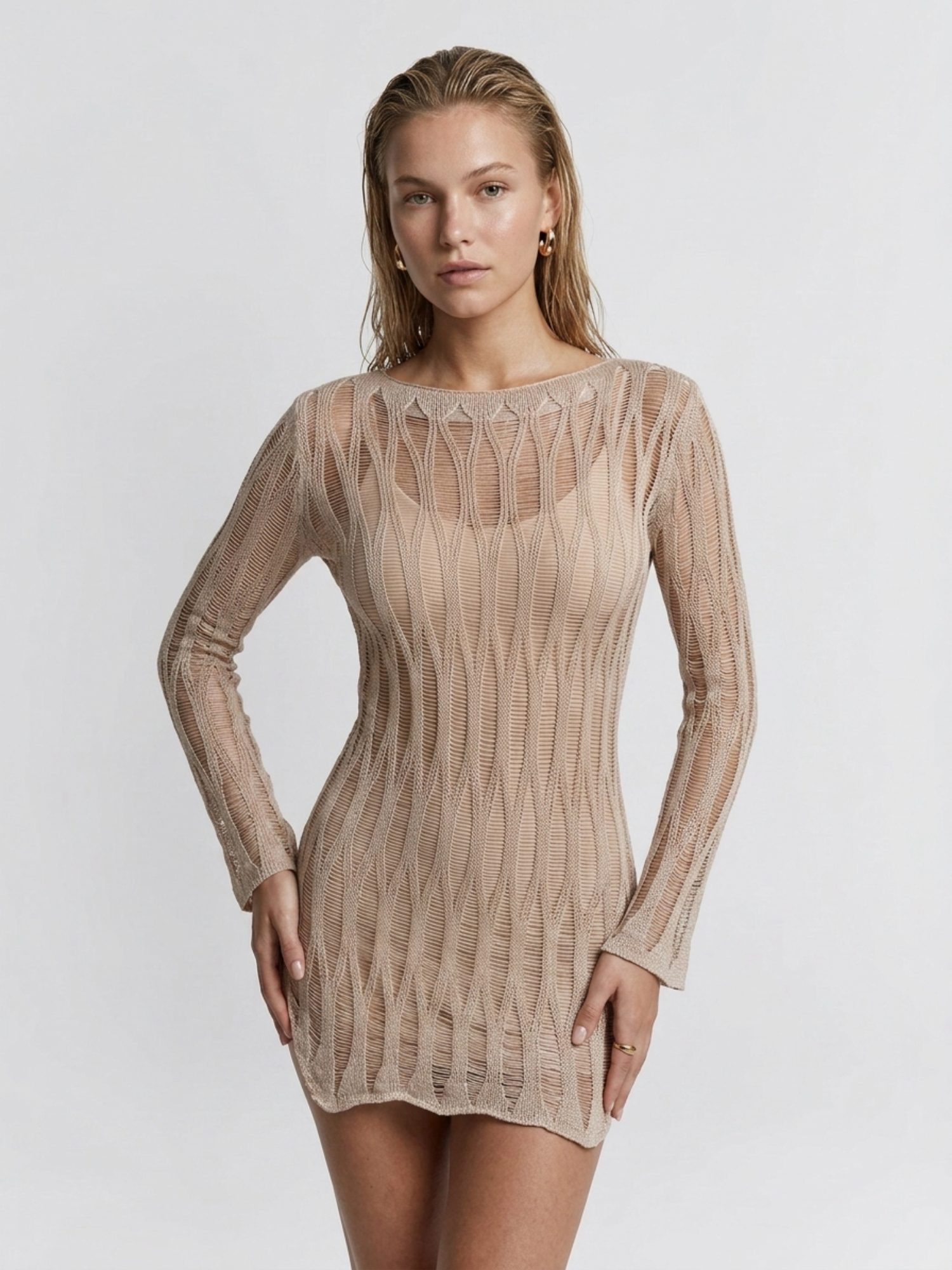 Hollow Out Knit Long Sleeve Beach Cover Up Dress