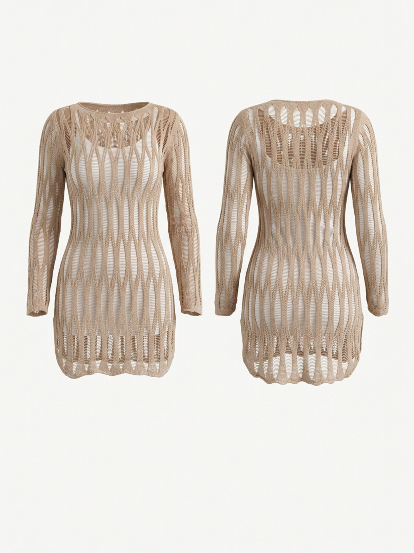 Hollow Out Knit Long Sleeve Beach Cover Up Dress