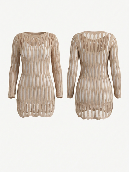 Hollow Out Knit Long Sleeve Beach Cover Up Dress