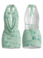 Halter Backless Bikini + Rhinestone Floral Skirt 2 Piece